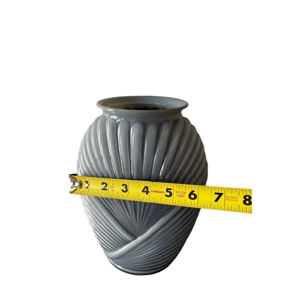 Vintage Gray Art Deco Revival Ribbed Wrapped Art Glass Vase 9.5” Anchor Hocking